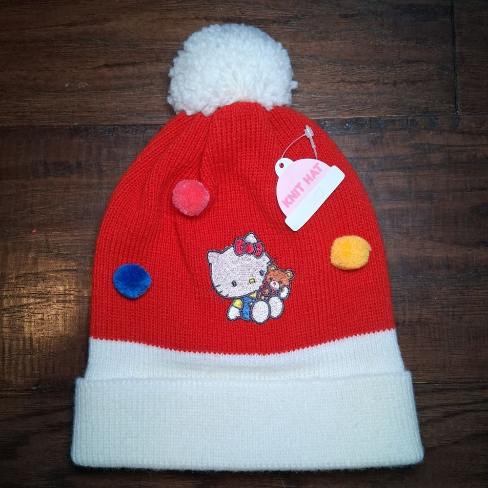 New Vintage Sanrio Hello Kitty Knit Hat Girls Bobble Pompom Beanie 1980s Rare